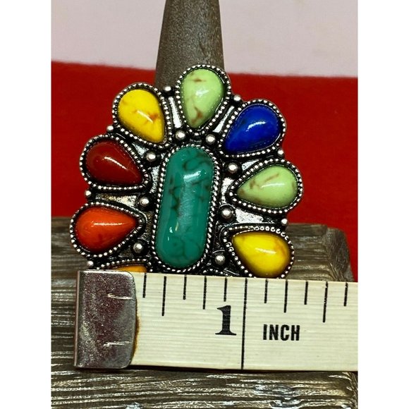Western Flower Turquoise Multi Color Silver ring - Picture 11 of 11